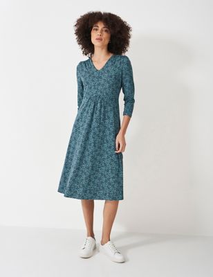 Crew Clothing Womens Jersey Floral V-Neck Midi Waisted Dress - 8 - Teal Mix, Teal Mix