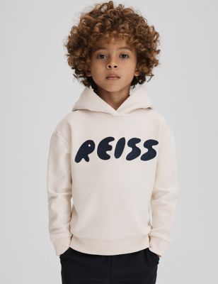 Reiss Boys Pure Cotton Embroidered Hoodie (4-13 Yrs) - 7-8 Y - Cream, Cream
