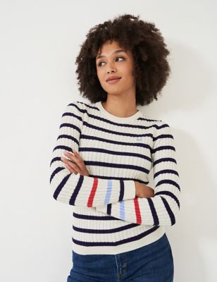 Crew Clothing Womens Cotton Rich Cable Knit Striped Jumper - 8 - White Mix, White Mix