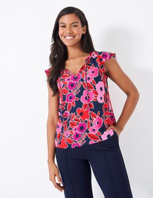 Crew Clothing Womens Floral Tie Neck Frill Sleeve Top - 8 - Pink Mix, Pink Mix