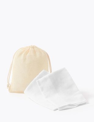 M&S Women's 2 Pack Organic Muslin Cloths & Reusable Bag - White, White