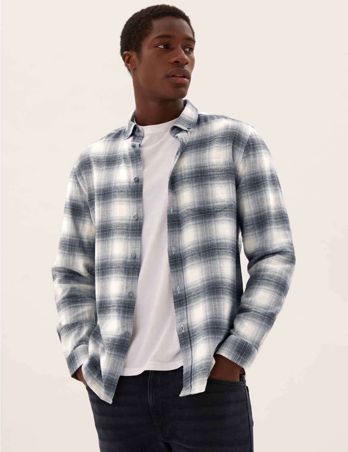 Pure Cotton Flannel Checked Shirt grey