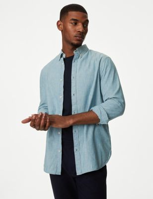 M&S Men's Pure Cotton Denim Heritage Shirt - SREG - Light Blue, Light Blue