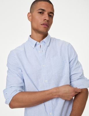 M&S Mens Pure Cotton Striped Oxford Shirt - Light Blue, Light Blue