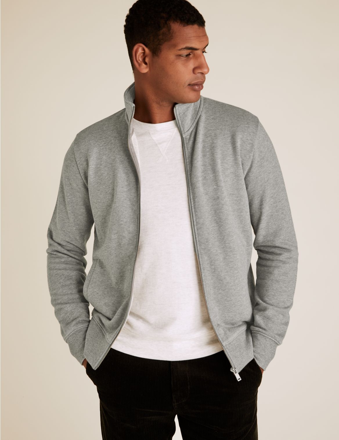 Pure Cotton Zip Up Funnel Neck Sweatshirt grey