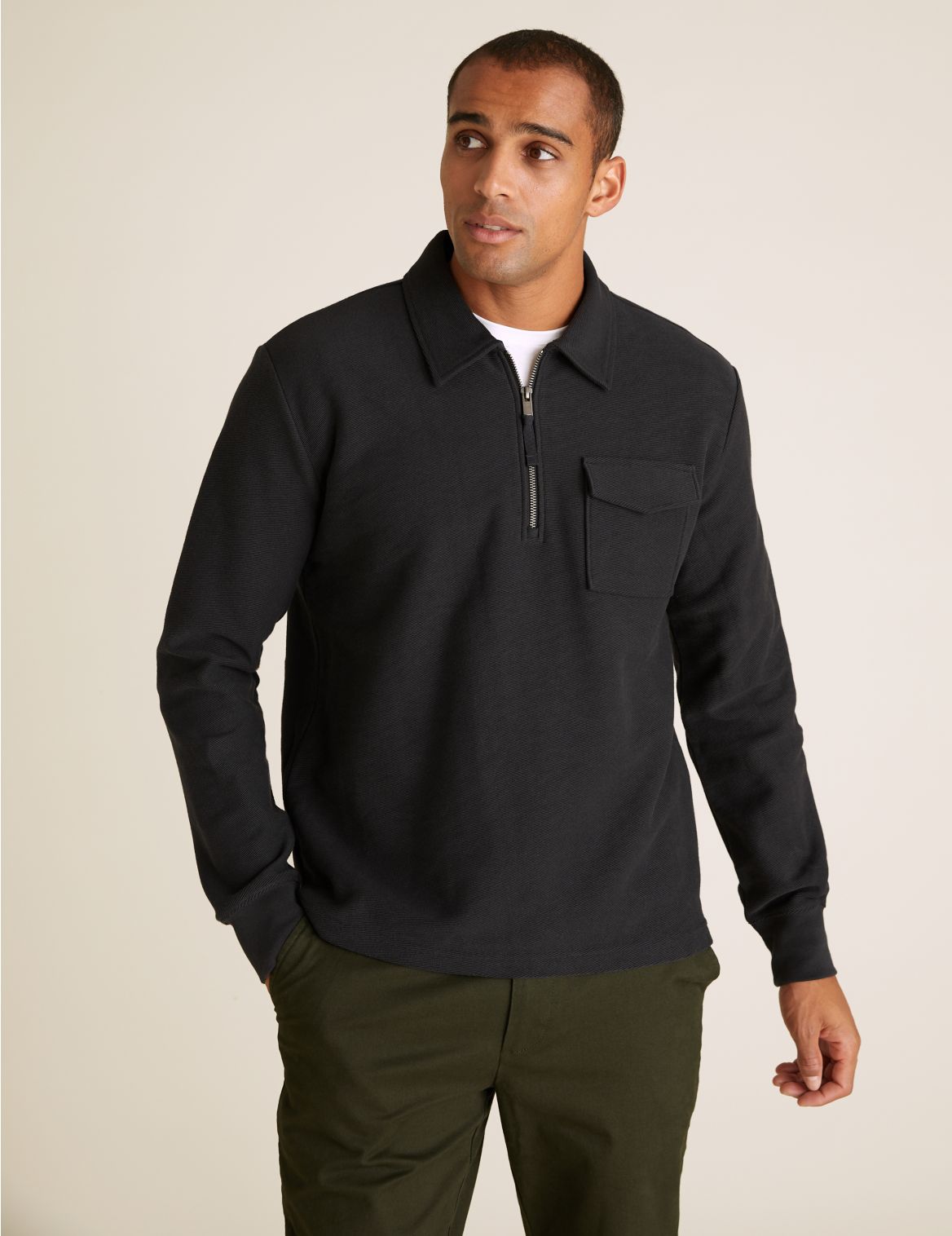 Cotton Textured Long Sleeve Polo Shirt grey