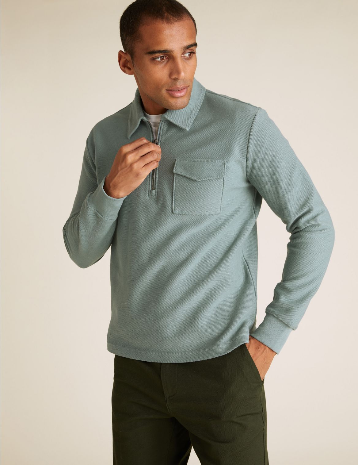 Cotton Textured Long Sleeve Polo Shirt green