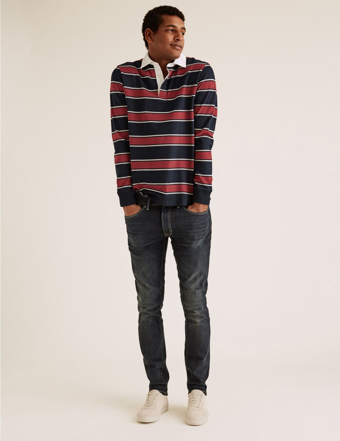 Cotton Striped Long Sleeve Rugby Top navy