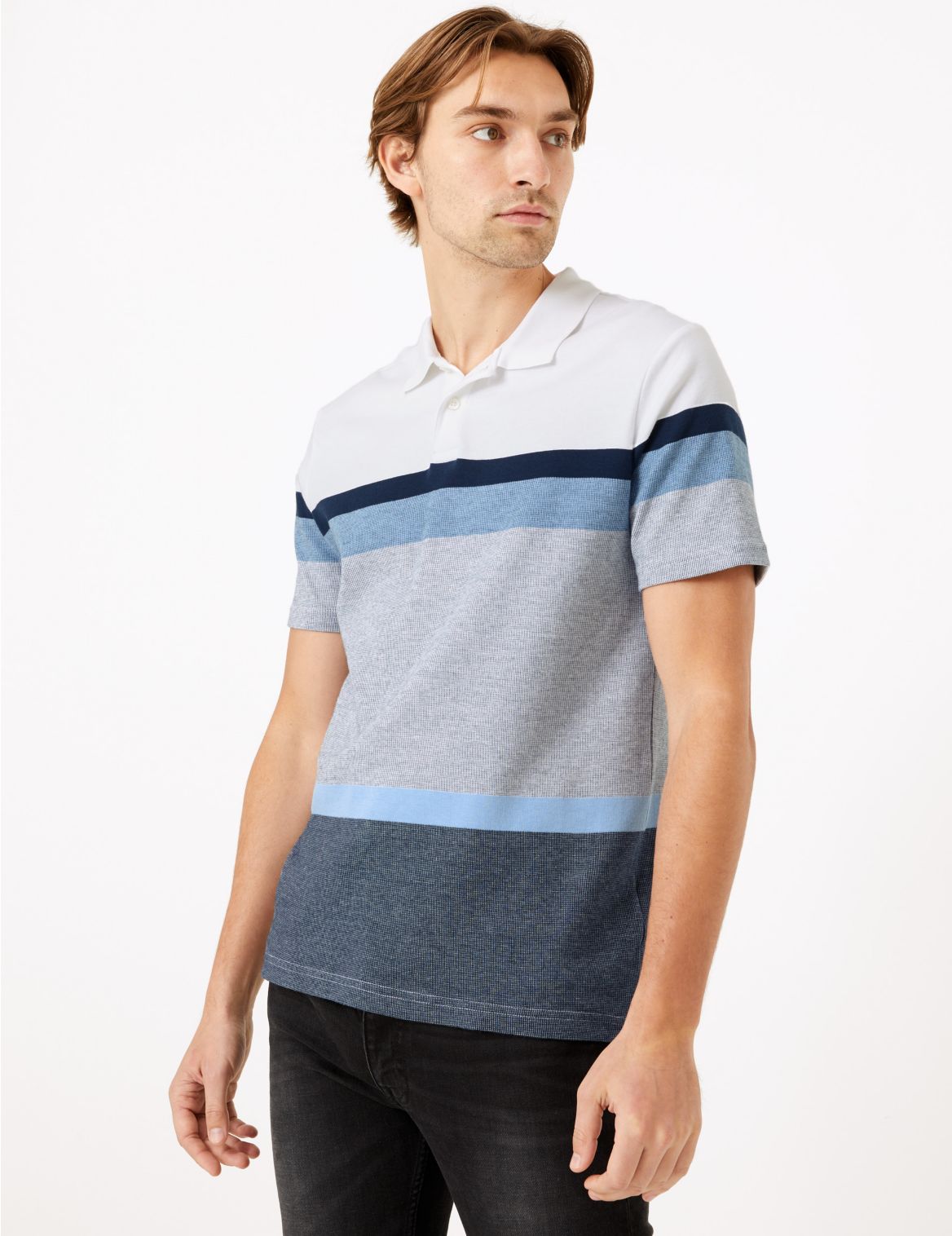 Pure Cotton Striped Knitted Polo Shirt blue