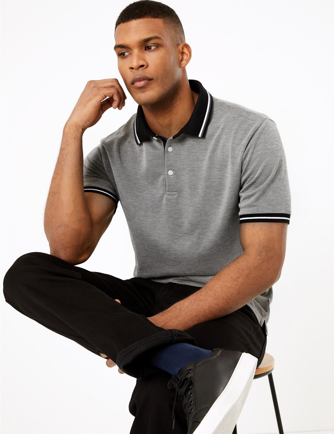 Textured Tipped Polo Shirt grey