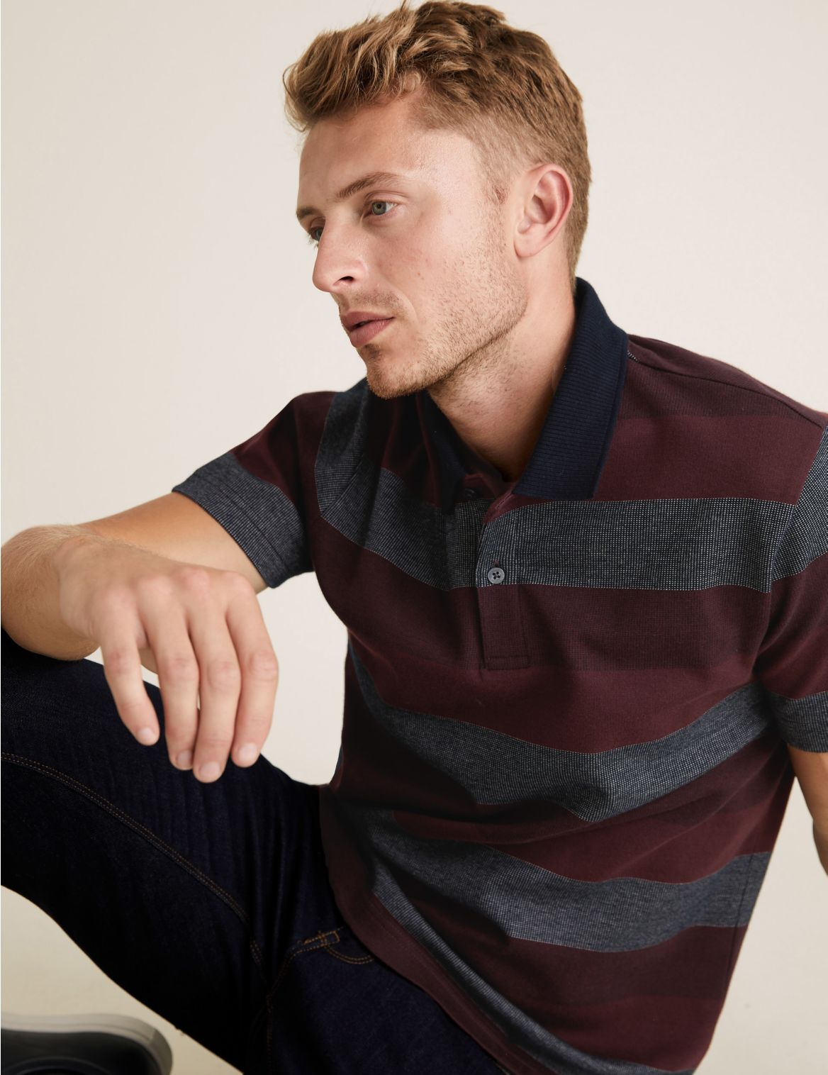 Pure Cotton Double Knit Striped Polo Shirt red