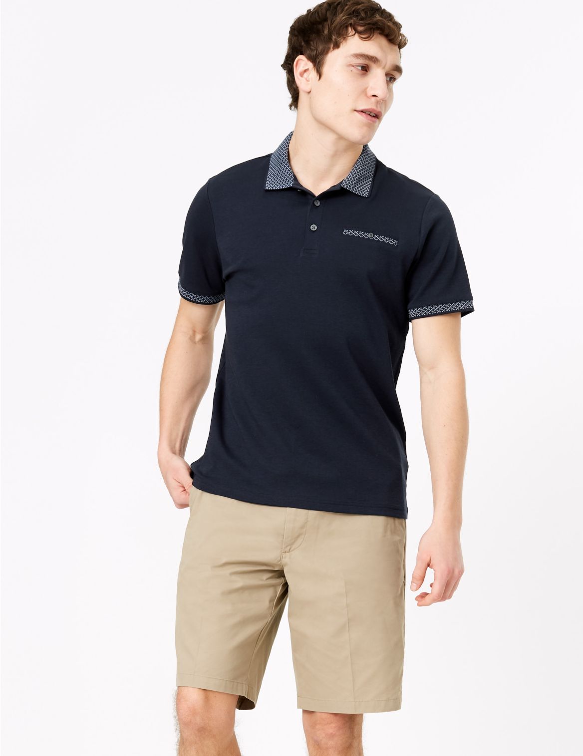 Pure Cotton Geometric Polo Shirt navy
