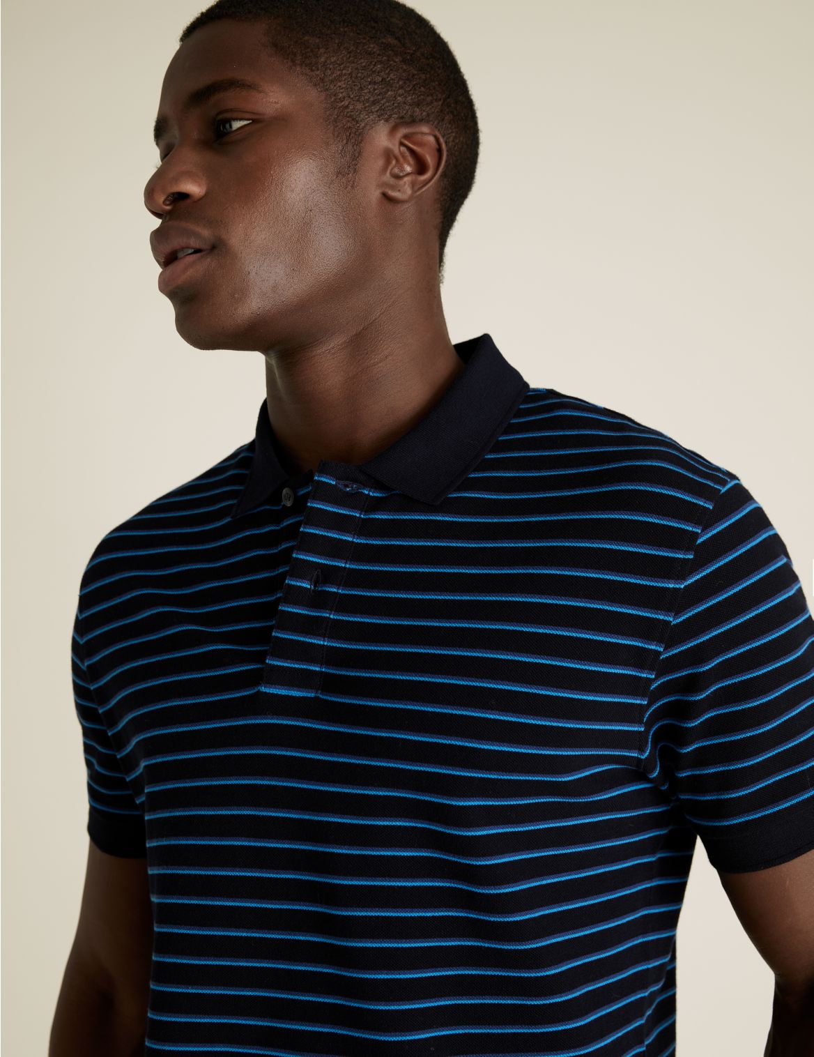Pure Cotton Pique Striped Polo Shirt navy