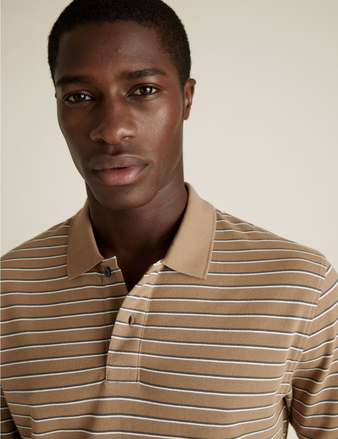 Pure Cotton Pique Striped Polo Shirt brown
