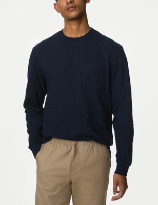 M&S Men's Pure Cotton Heavy Weight Long Sleeve T Shirt - XXXXLREG - Dark Navy, Dark Navy,White