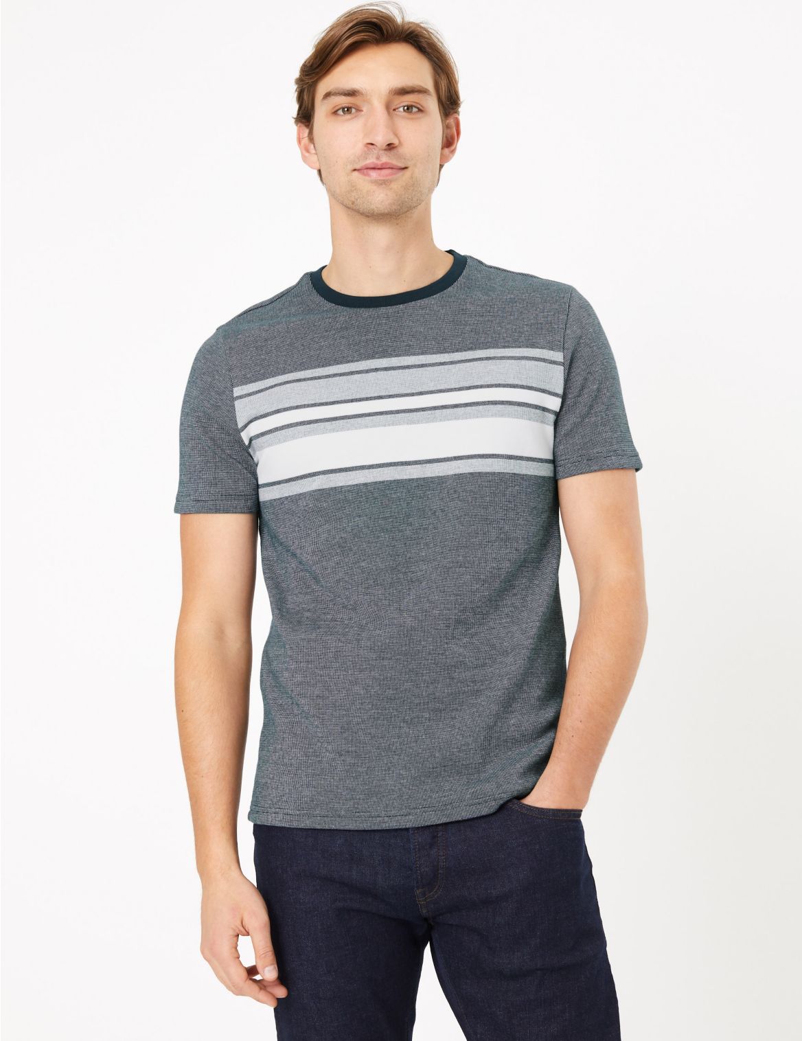 Pure Cotton Chest Stripe Knitted T-Shirt navy