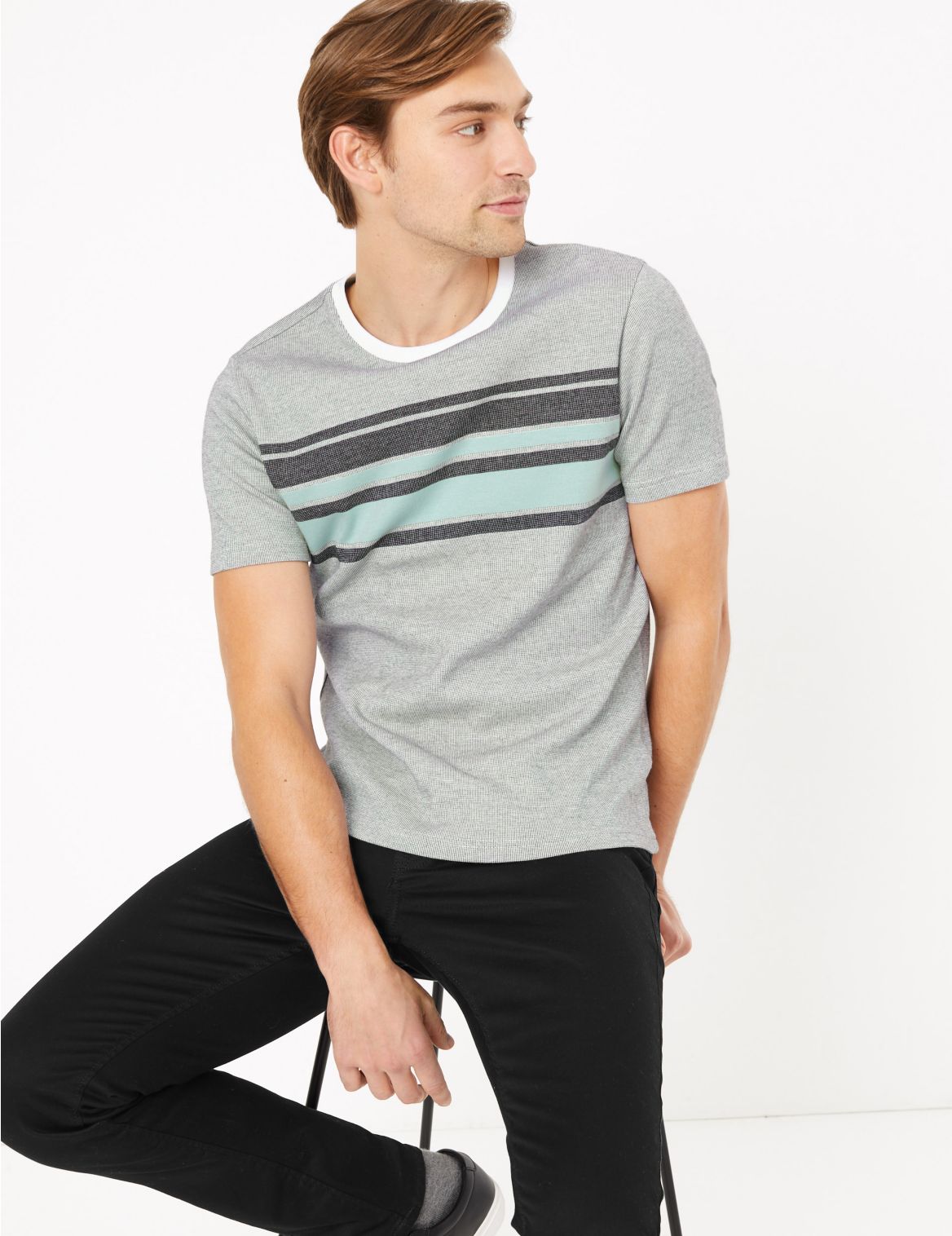 Pure Cotton Chest Stripe Knitted T-Shirt white