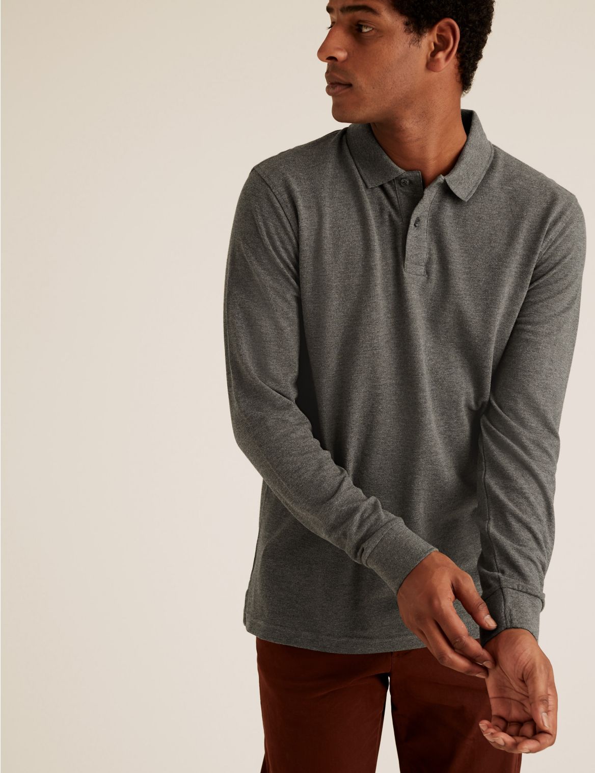 Pure Cotton Long Sleeve Polo Shirt grey