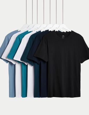 M&S Mens 7pk Pure Cotton Crew Neck T-Shirts - MREG - Turquoise Mix, Turquoise Mix