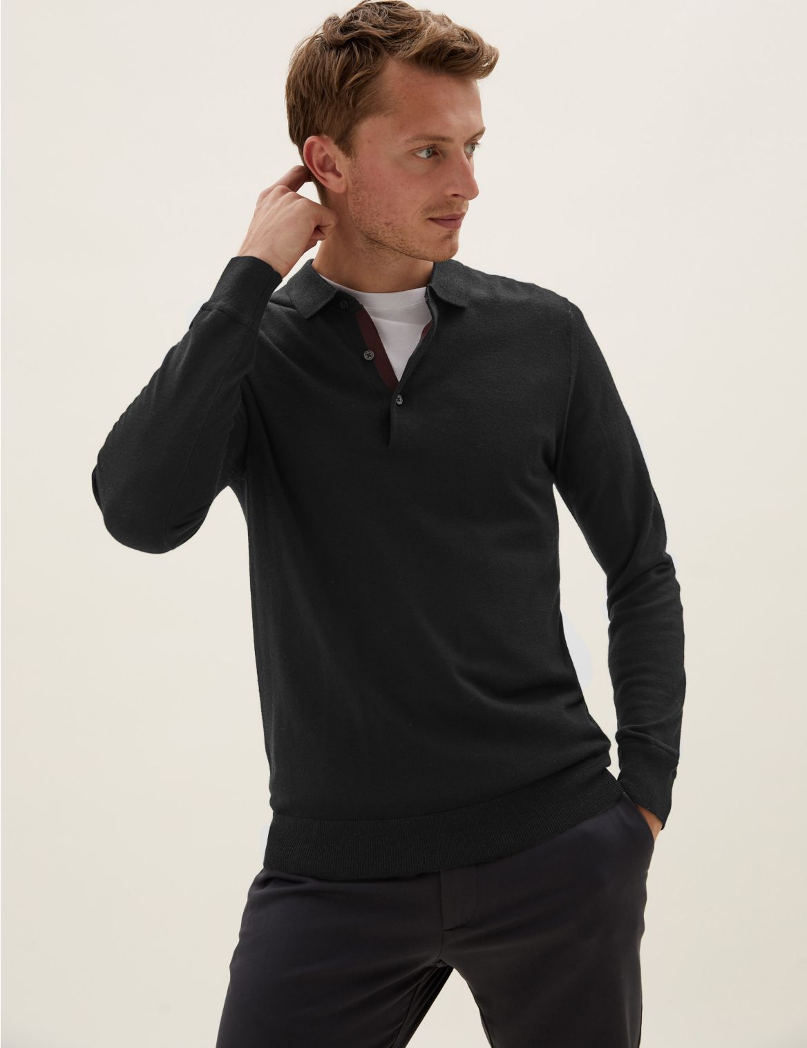 Pure Extra Fine Merino Knitted Polo Shirt black