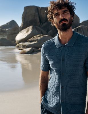 M&S Mens Cotton Rich Textured Knitted Polo Shirt - MREG - Blue Mix, Blue Mix