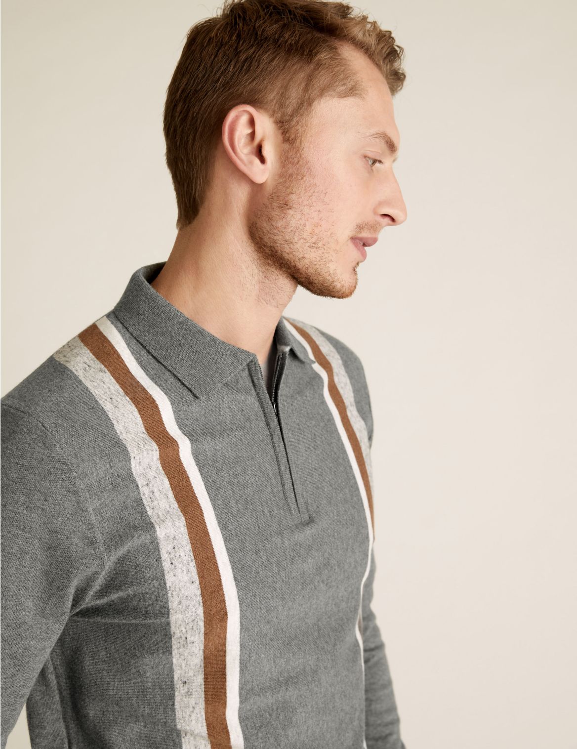 Cotton Striped Zip Neck Knitted Polo Shirt grey
