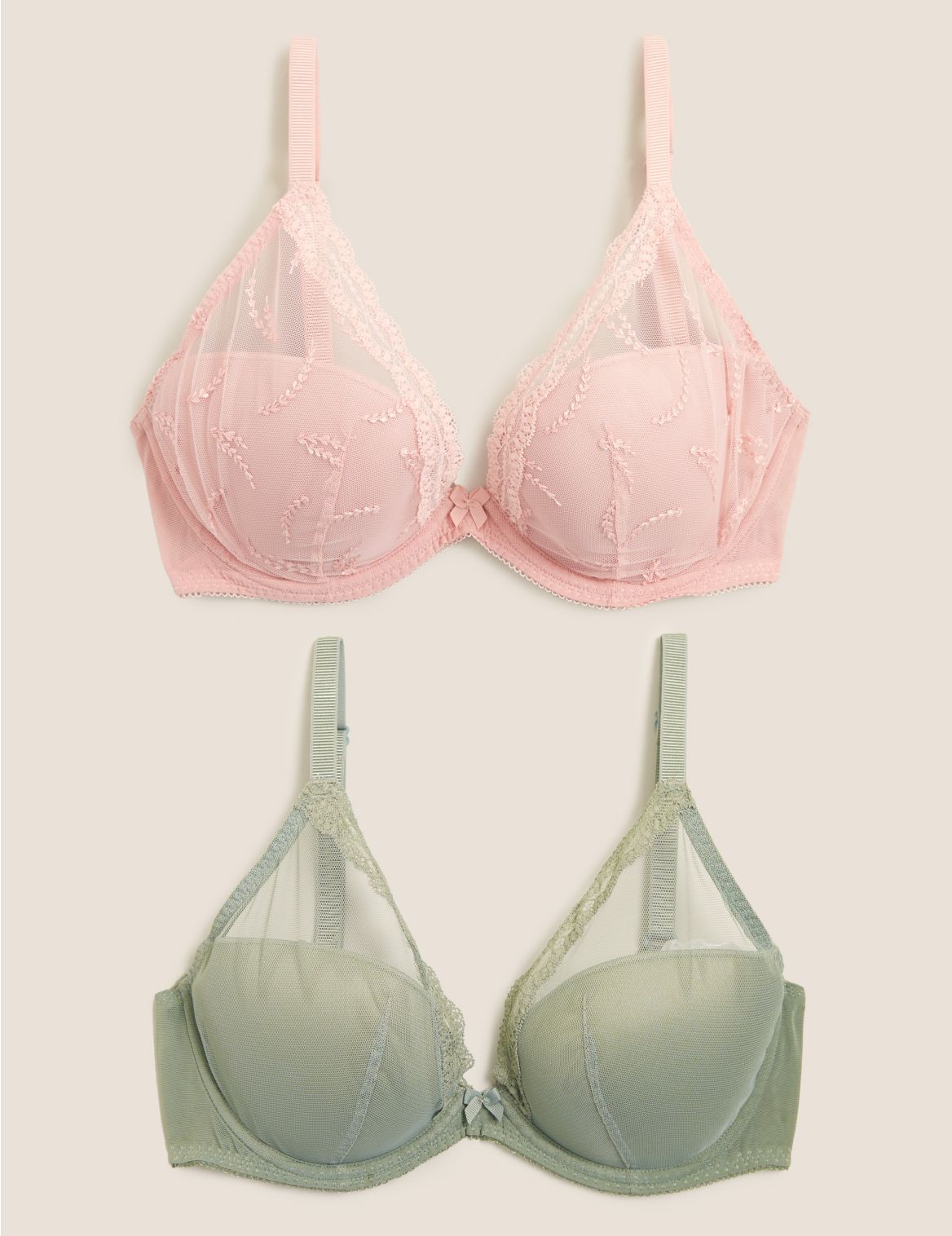 2pk Embroidered Padded Plunge Bras A-E pink
