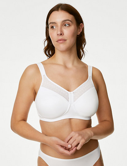 M&S Collection Cotton Blend & Lace Non Wired Total Support Bra B-H - 38Gg - White, White