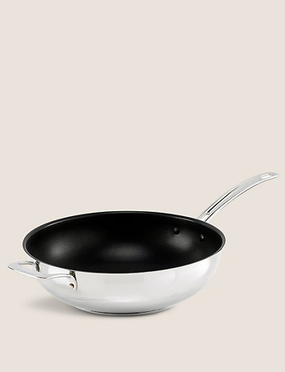 M&S Collection Stainless Steel 30Cm Large Wok - 1Size - Silver, Silver