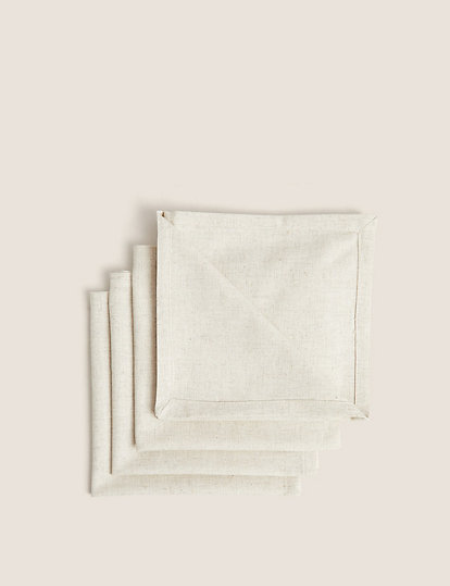M&S Collection Set Of 4 Cotton Rich Napkins With Linen - 1Size - Khaki, Khaki