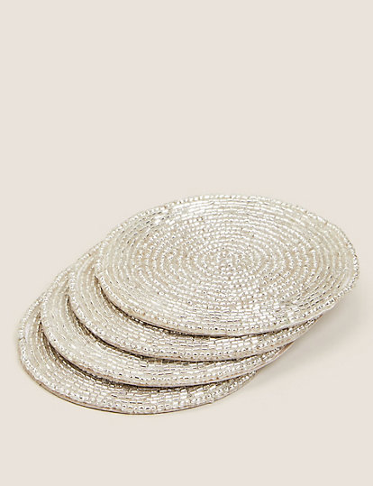 M&S Collection Set Of 4 Beaded Coasters - 1Size - Silver, Silver
