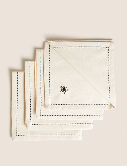 M&S Collection Set Of 4 Embroidered Bee Cotton Napkins - 1Size - Natural, Natural