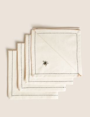 M&S Set of 4 Embroidered Bee Cotton Napkins - Natural, Natural