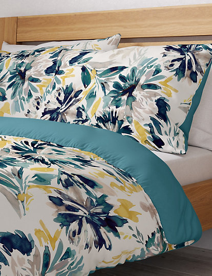 M&S Collection Pure Cotton Watercolour Floral Bedding Set - Dbl - Soft Blue Mix, Soft Blue Mix
