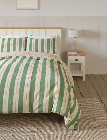 M&S Collection Cotton Blend Watercolour Lines Bedding Set - 5Ft - Green Mix, Green Mix