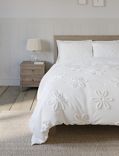 M&S Collection Pure Cotton Tufted Floral Bedding Set - Dbl - White, White