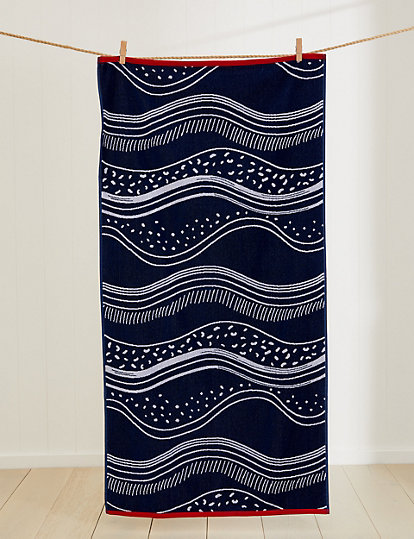 M&S Collection Pure Cotton Coastal Wave Beach Towel - 1Size - Navy Mix, Navy Mix