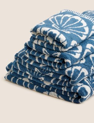 M&S Pure Cotton Shell Jacquard Towel - HAND - Blue, Blue