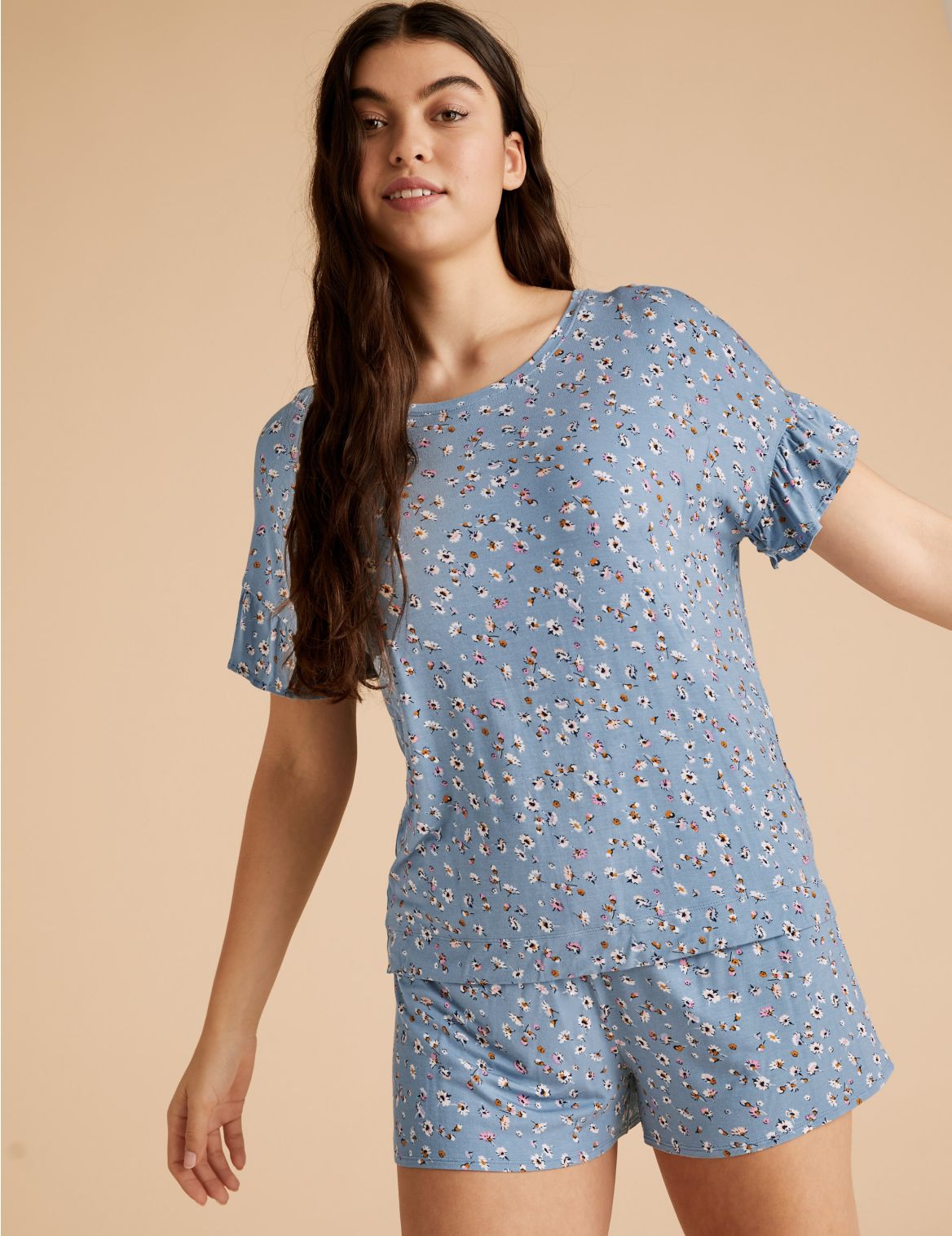 Frill Sleeve Floral Print Short Pyjama Set blue