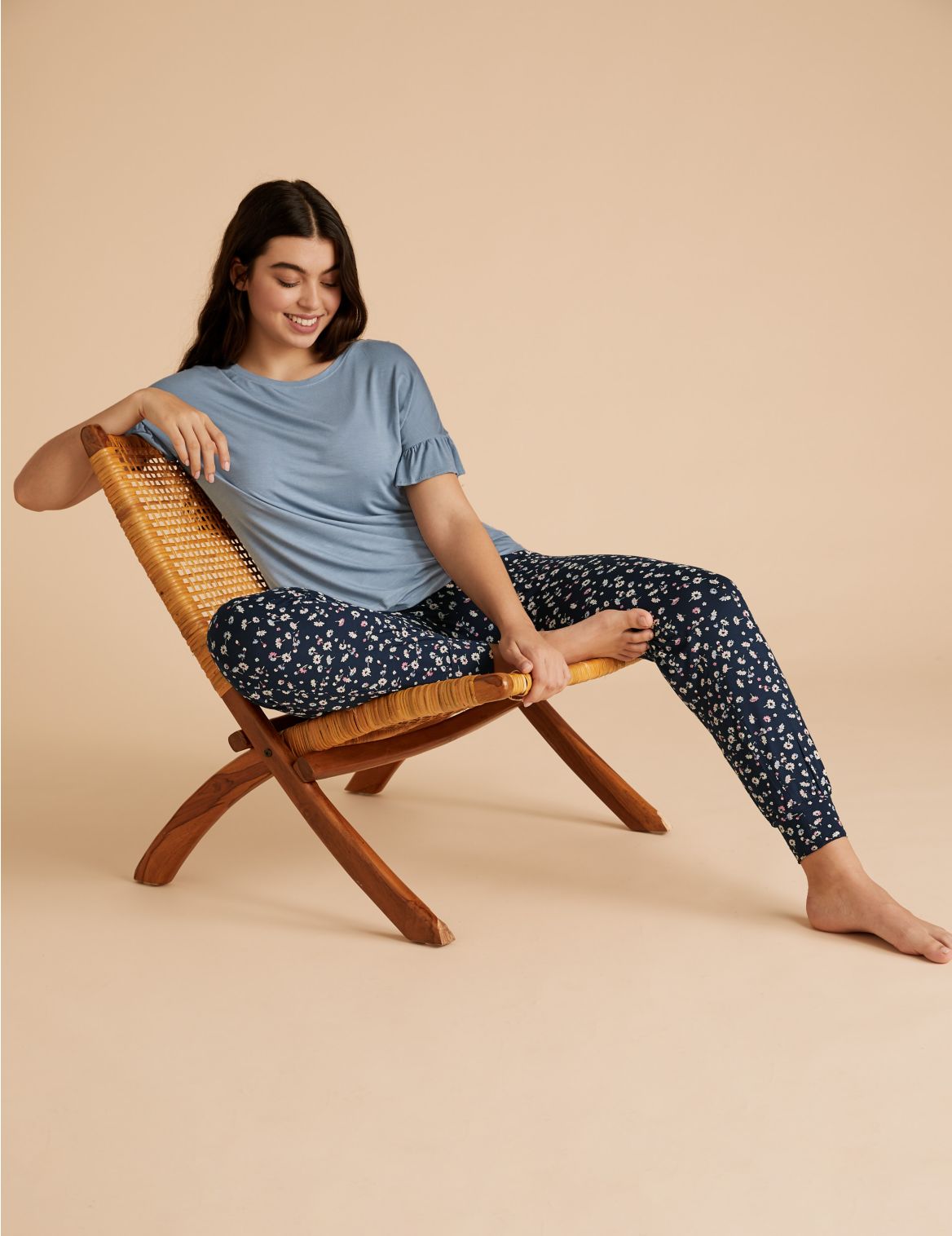 Frill Sleeve Floral Cuff Pant Pyjama Set blue
