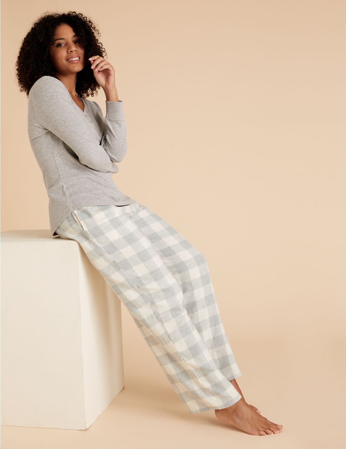Cotton Checked Pyjama Bottoms grey
