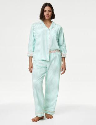 M&S Womens Cool Comfort Pure Cotton Striped Pyjama Bottoms - 18REG - Sea Green, Sea Green