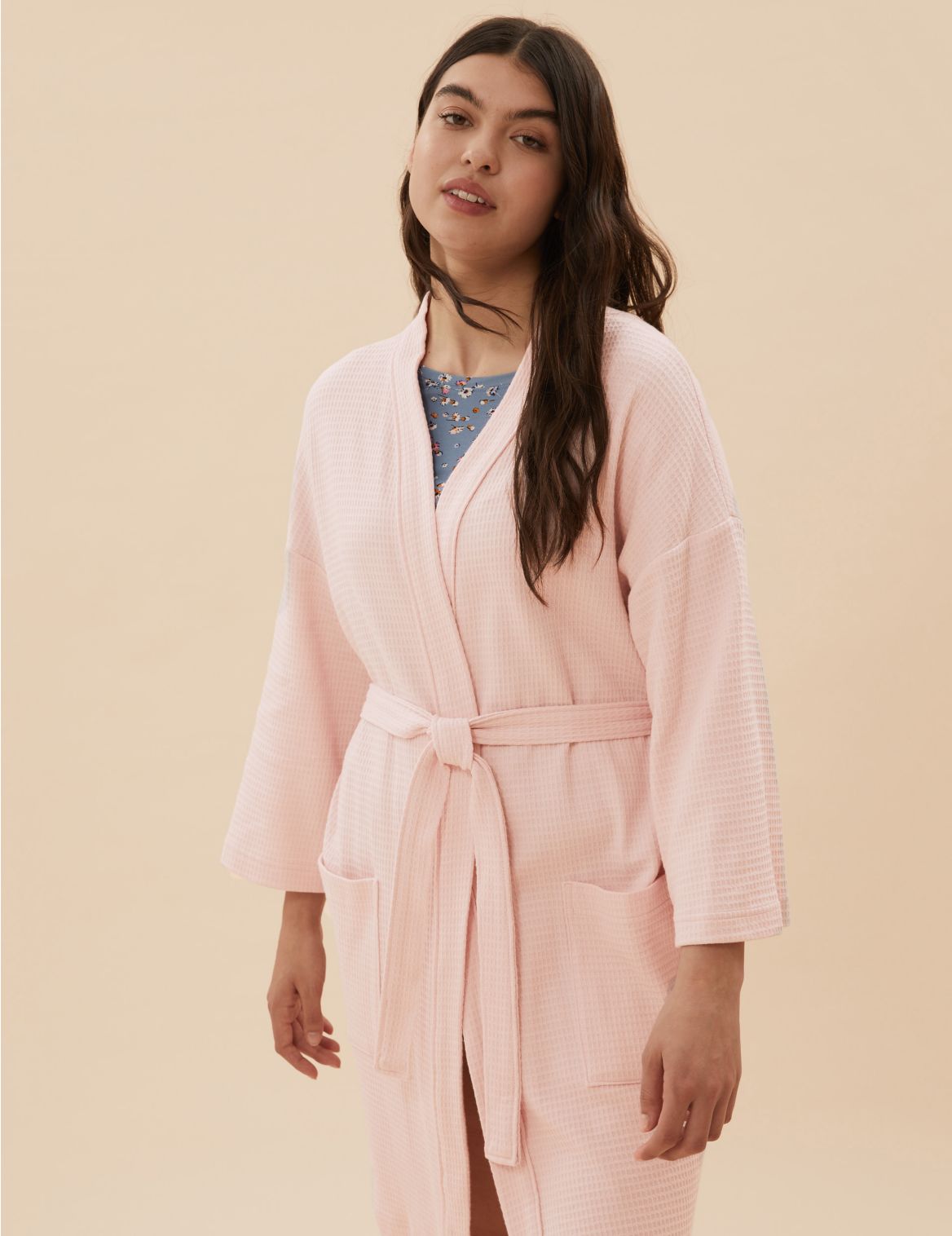 Pure Cotton Waffle Short Dressing Gown pink