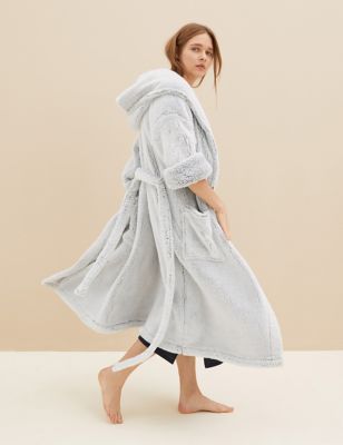 M&S Womens Fleece Hooded Dressing Gown - XS - Grey, Grey