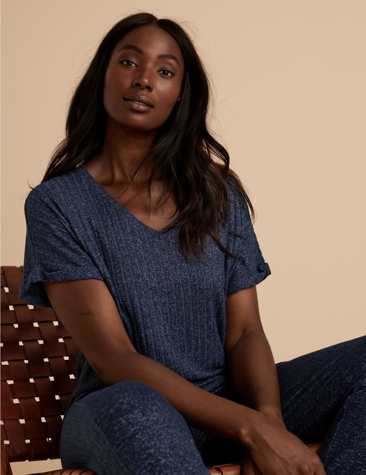 Cosy Knit Ribbed Lounge Top navy