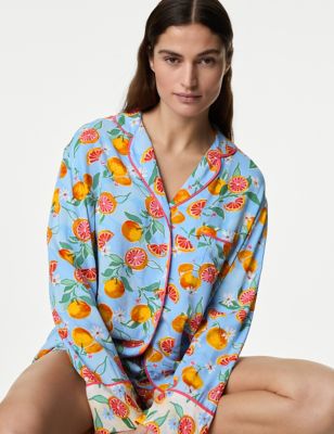 M&S Womens Print Revere Collar Pyjama Top - 8 - Cornflower Mix, Cornflower Mix