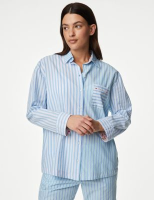 M&S Womens Cool Comfort Pure Cotton Striped Pyjama Top - 6 - Blue Mix, Blue Mix