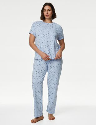M&S Womens Pure Cotton Spot Print Pyjama Set - Ice Blue, Ice Blue