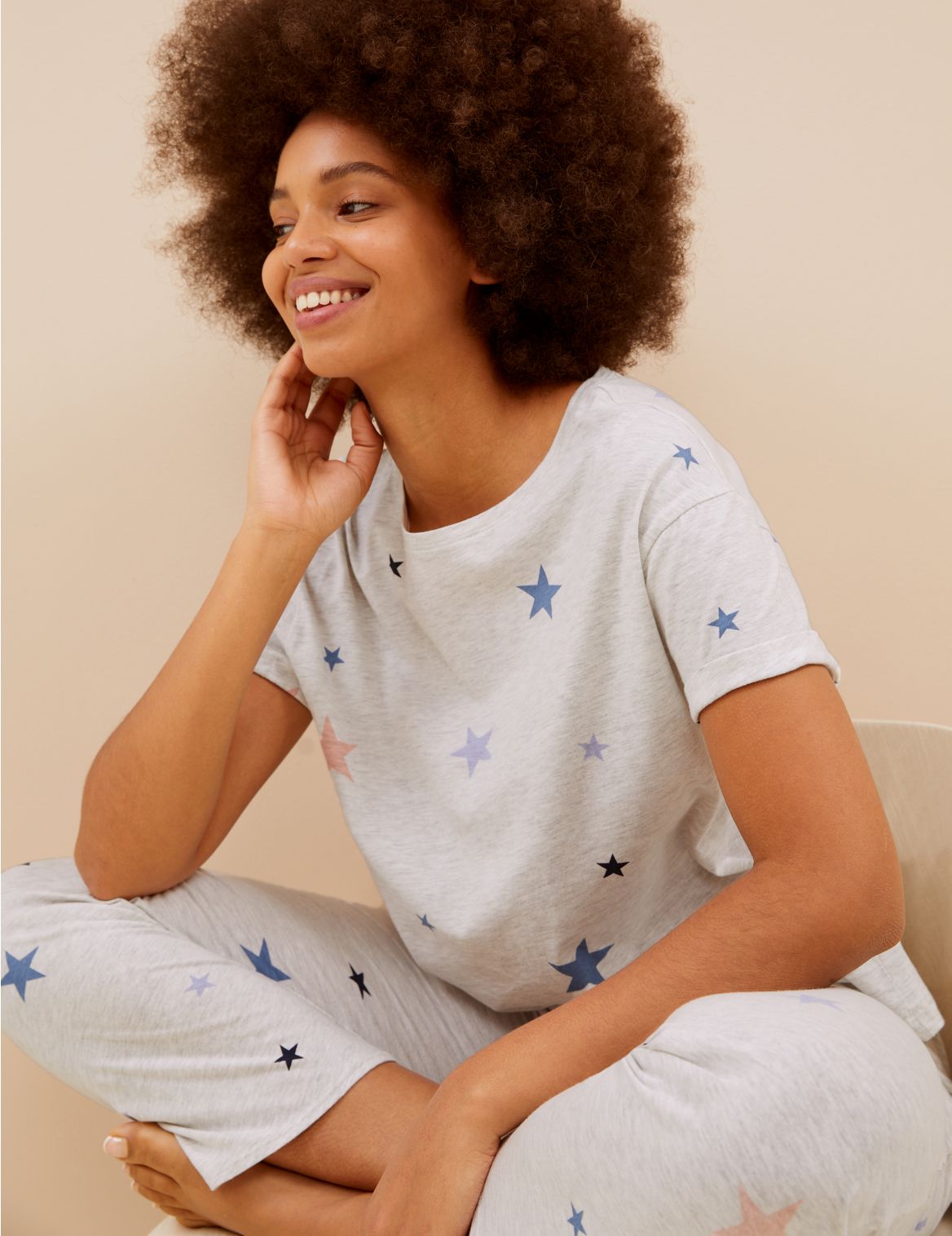 Star Print Short Sleeve Pyjama Set beige