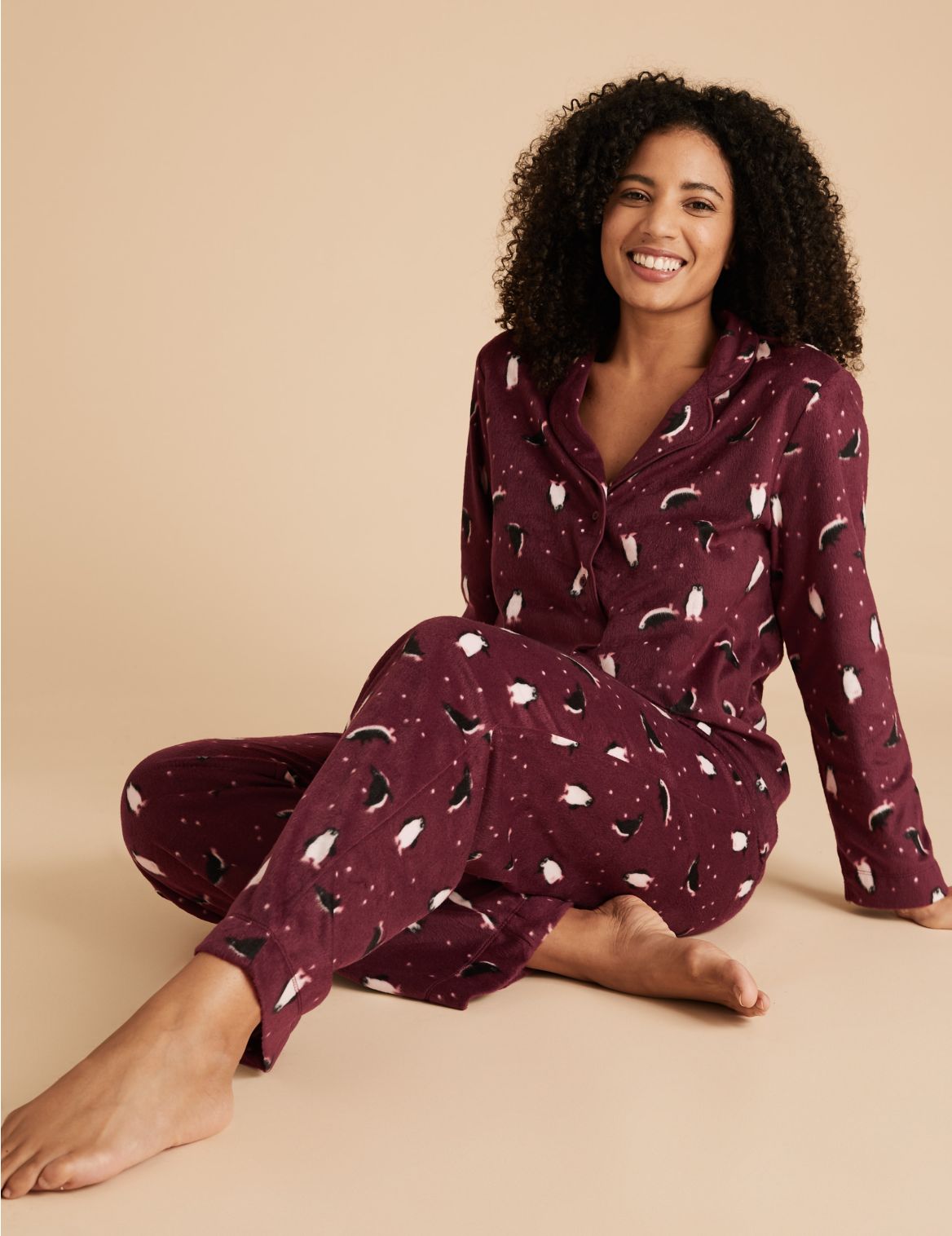 Fleece Penguin Print Pyjama Set purple